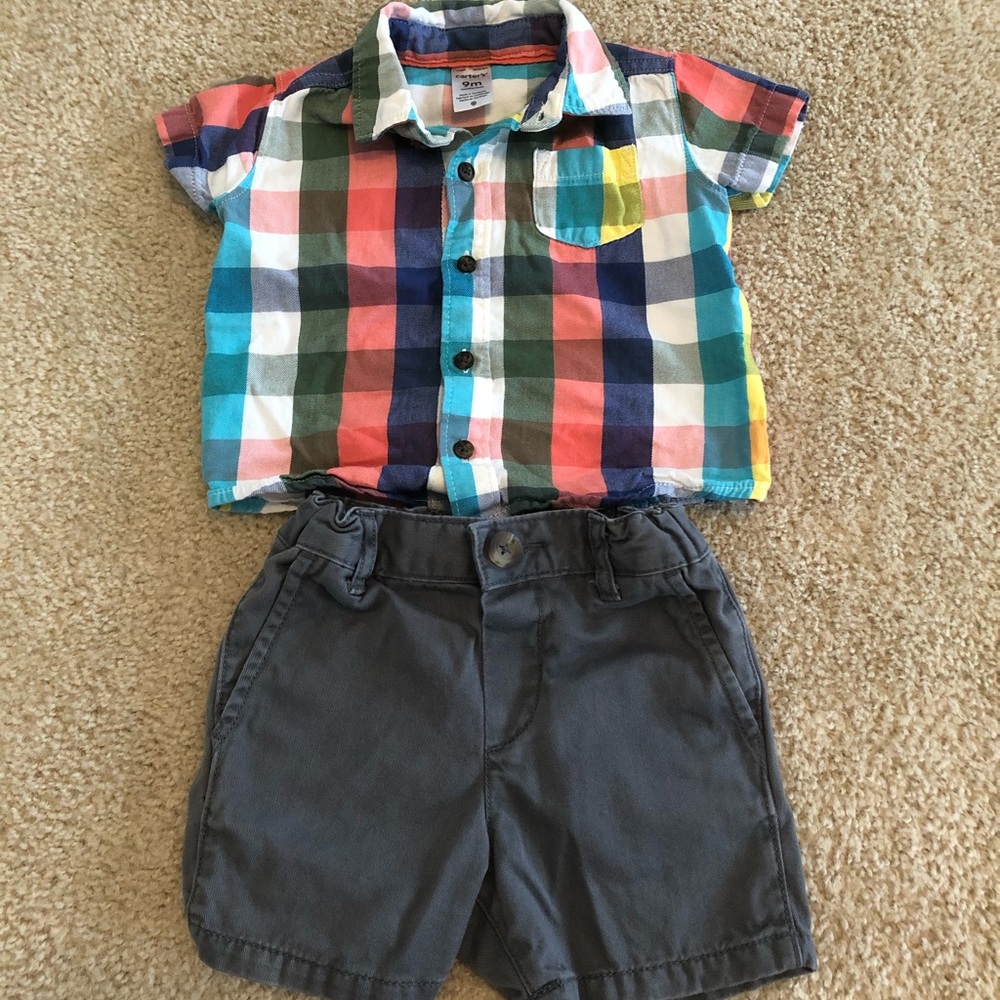 🧸9 months carters button dwn shirt and CP shorts